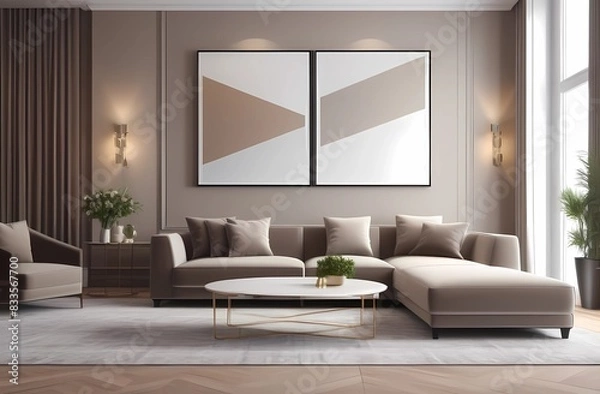 Obraz Luxurious living room in beige color. Brown and gray accents in the interior design of the room. Large sofas for relaxing. Cozy house.