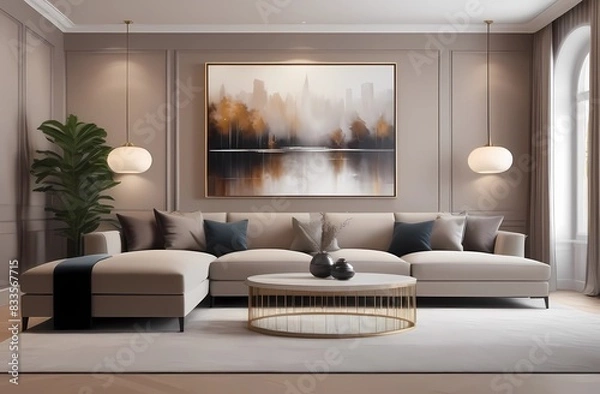 Obraz Luxurious living room in beige color. Brown and gray accents in the interior design of the room. Large sofas for relaxing. Cozy house.