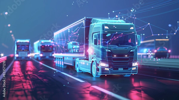 Obraz Futuristic fleet management system with connected trucks in a digital network. Arrows and lines are visible, symbolizing the flow of data between vehicles and the central management system.