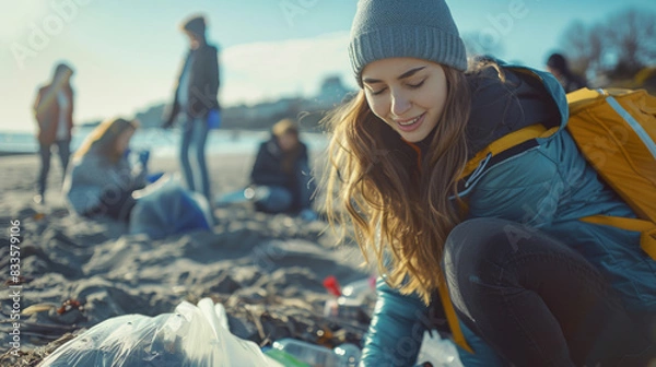 Obraz Woman Picking Up Trash on Beach