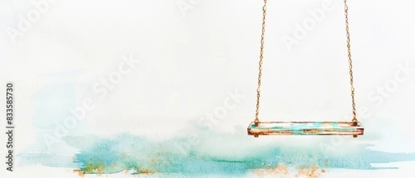 Fototapeta Minimalistic watercolor art featuring a swing with a serene blue and green background, evoking a sense of calm and nostalgia.