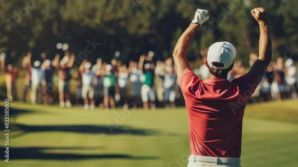 Obraz Golfer celebrating a birdie, concept of victory and excitement, selective focus, golf course, vibrant, Multilayer, cheering spectators backdrop