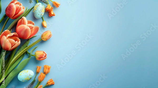 Fototapeta Tulip flower and easter eggs on blue background.