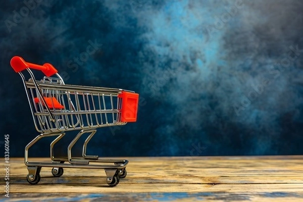 Fototapeta Mini shopping cart with red handles on wooden surface, blue background