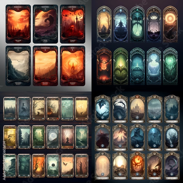 Fototapeta tcg game card design fantasy style border, Exceptional TCG creature card: Immerse in its intricate design, blending fantasy and strategy, AI