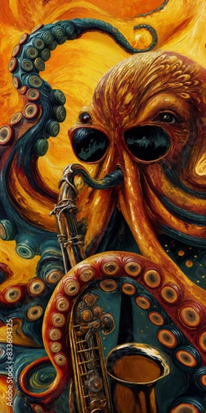 Fototapeta Surreal colorful painting of an octopus playing the saxophone