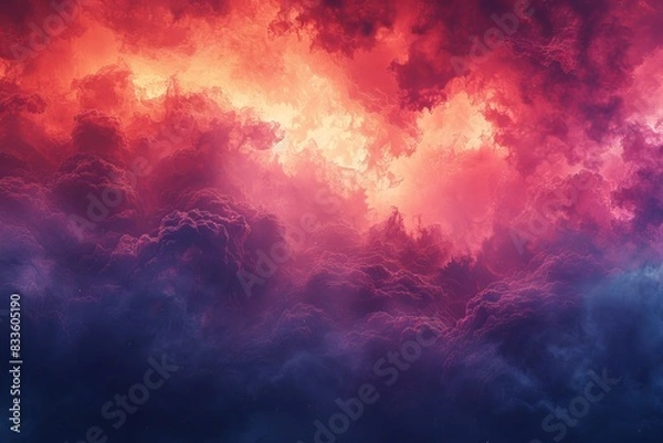 Fototapeta A dramatic scene with warm fiery red-orange clouds contrasted against cool blue hues, creating a powerful atmosphere