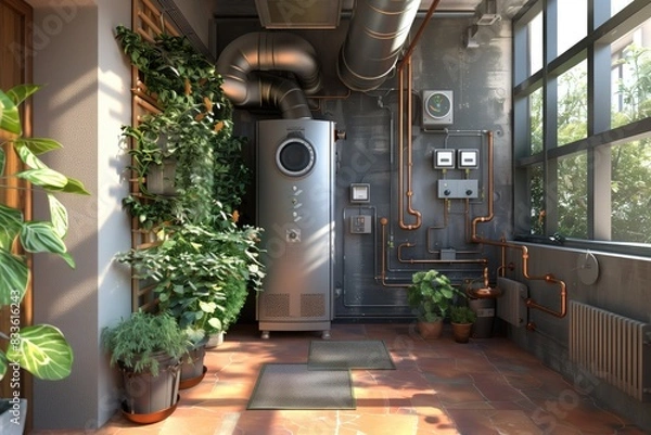 Fototapeta A modern water heating system in a residential basement featuring a water heater and expansion tank.