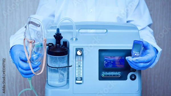 Fototapeta Hands in medical gloves hold an oxygen mask from the generator oxygen concentrator, which helps with low lung oxygen saturation, with pneumonia Covid-19 and pulse Oximeter in the other hand