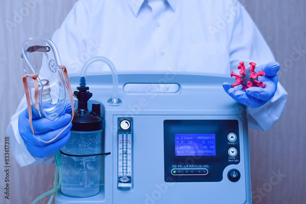Fototapeta Hands in medical gloves hold an oxygen mask from the generator oxygen concentrator, which helps with low lung oxygen saturation, with Covid-19 pneumonia and coronavirus molecule model