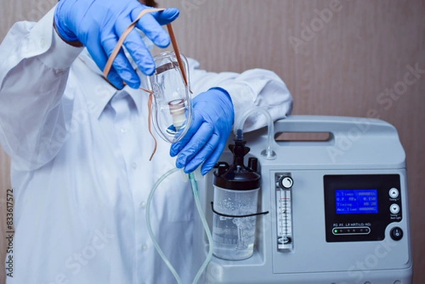 Fototapeta Hands in medical gloves hold out an oxygen mask against the background of the oxygen generator concentrator to deliver at low lung oxygen saturation for Covid-19 pneumonia.