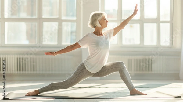 Obraz A middle-aged woman performing a yoga pose on a mat in a bright, airy studio. She is wearing comfortable, form-fitting yoga attire and has a serene expression on her face.