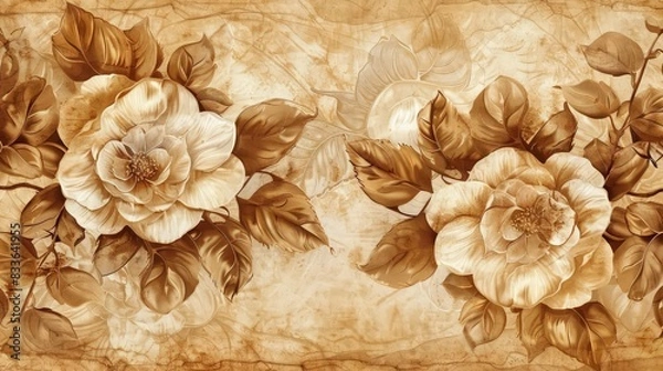 Fototapeta A vintage-inspired Camellia pattern with sepia-toned flowers on an aged parchment background, creating an antique look suitable for classic wallpaper or fabric prints.