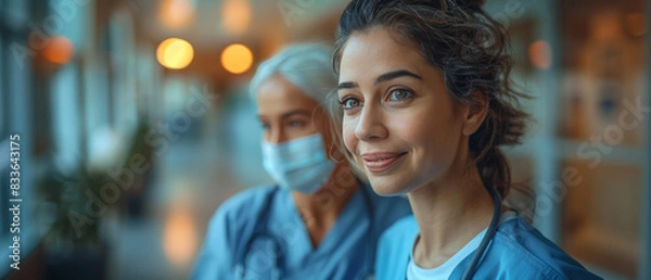 Obraz Woman With Face Mask Standing Next to Man in Scrubs