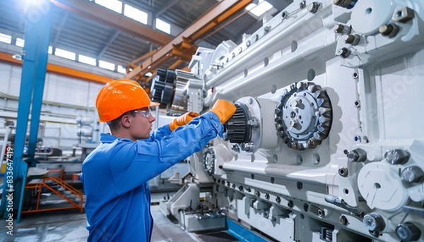 Fototapeta An industrial engineer replacing a part on a large piece of equipment, demonstrating technical expertise and precision, in a well-lit factory
