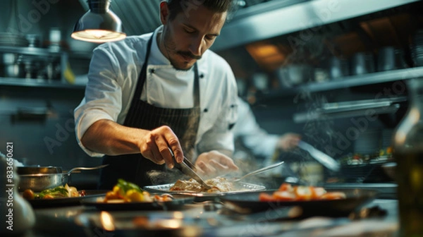 Obraz Chef in Uniform Cooking in Kitchen