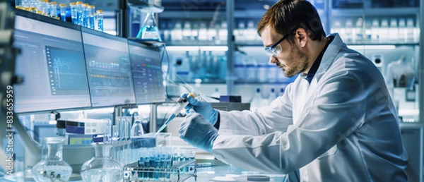 Obraz Scientist in Lab Coat Analyzing Data on Computer Screen