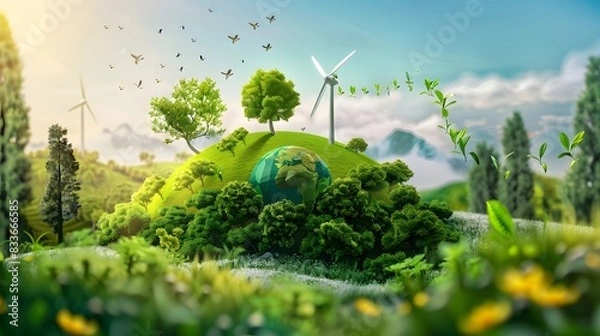 Obraz Illustration of Implementing green practices and technologies to reduce environmental impact and improve energy efficiency. Ai Generate.