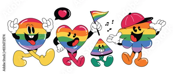 Fototapeta Set of colorful symbols with rainbow flag colored elements. Cartoon abstract characters in retro for celebrating Pride Month Illustration Design. 