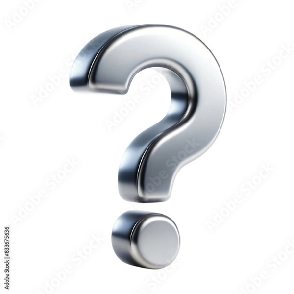 Fototapeta A silver metallic 3D question mark on a transparent background. The question mark is shiny and reflective, with a smooth, curved design