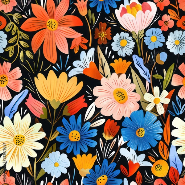 Fototapeta Modern abstract floral pattern with bright, colorful flowers. Seamless background design perfect for printable wrapping paper, textiles, and decoration. Flat vector illustration