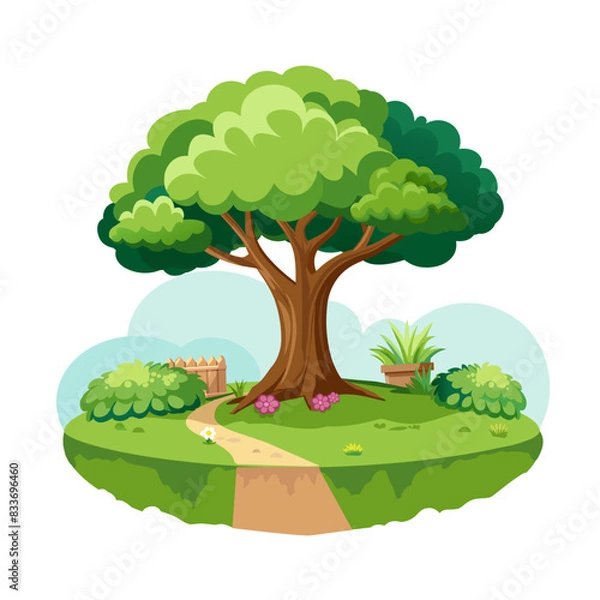 Obraz Tree with a path in the garden, isolated on a white background. Illustration. Vector element for design.