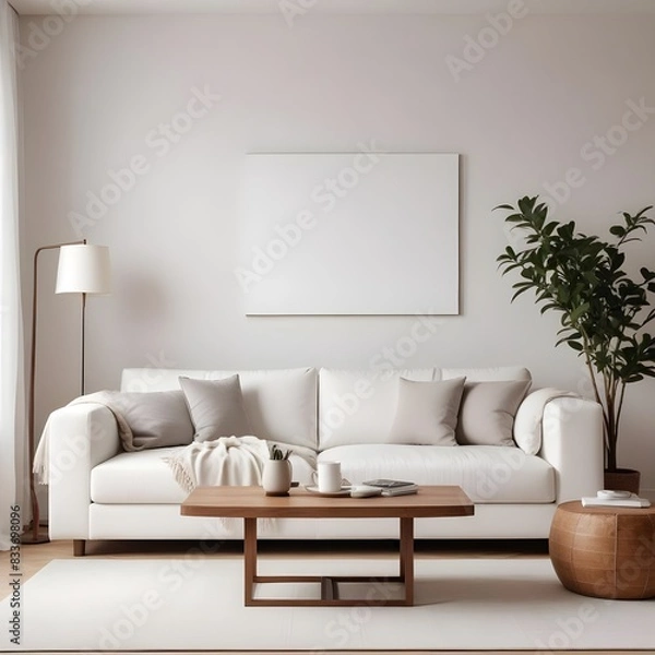 Fototapeta Frame mockup, ISO A paper size. Living room poster mockup. Modern interior design. Living room Interior mockup with house background. 3D render