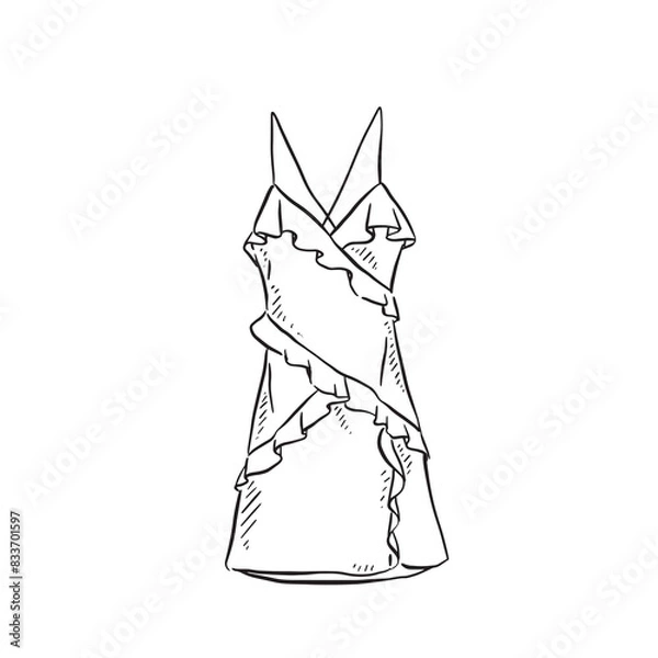 Fototapeta A line drawn mini dress with frills. Hand drawn in black and white in a sketchy style.