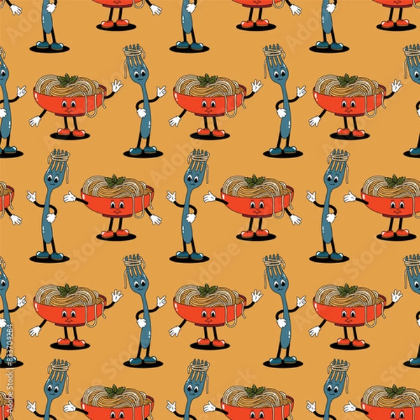 Obraz Vector seamless pattern with retro mascot characters walking plate with fork with pasta on yellow background