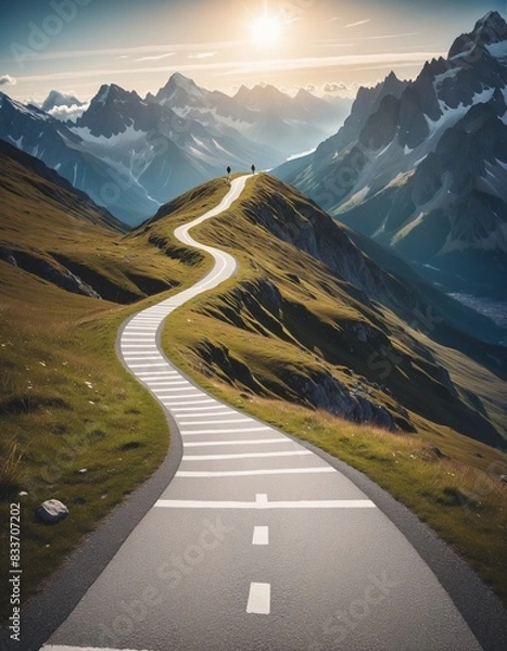 Fototapeta Road to success concept , with path going to a goal in the mountains