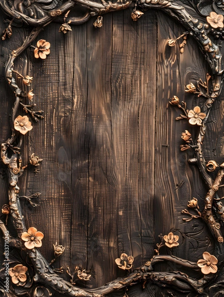 Fototapeta A wooden frame with a floral design and a gold border