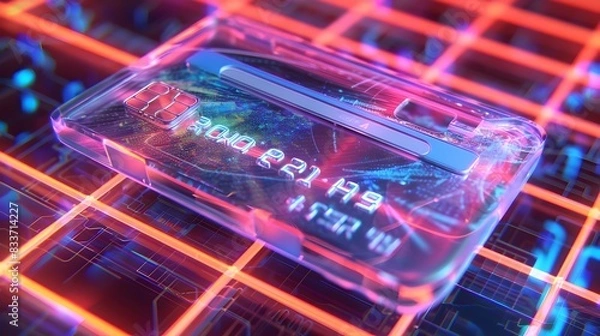 Fototapeta Futuristic Transparent Credit Card with Holographic Details Hovering Over a Digital Grid