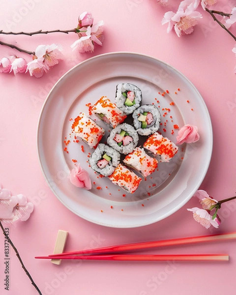 Fototapeta Aesthetic flat lay sushi plate with chopsticks over pink background with sakura branches as decor