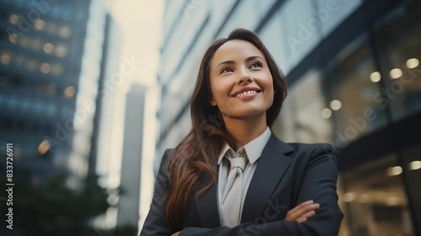 Fototapeta a successful businesswoman smiling confidently while standing in front of a skyscraper 