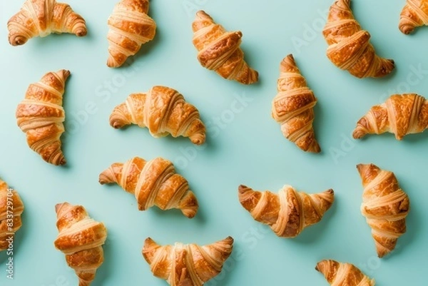 Fototapeta Croissants arranged on light blue background in a flat lay style