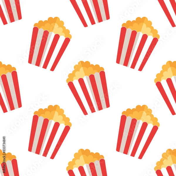 Fototapeta popcorn in stripped red cardboard box on white background, isolated, vector seamless pattern, flat style 