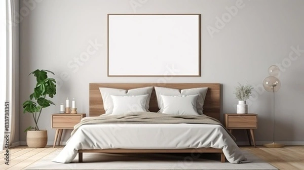 Fototapeta bedroom wall art mockup, Serene bedroom scene with an empty frame above the headboard