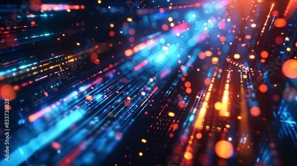 Fototapeta Dynamic digital precision background with vibrant moving lights, highlighting modern technology and innovation. Ideal for tech-related visuals