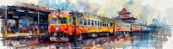 Fototapeta Watercolor painting of a train with yellow and red cars in a city setting.