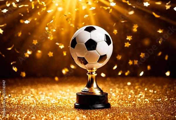 Fototapeta Triumphant Soccer Ball Trophy - A classic black and white soccer ball rests on a top a gleaming golden trophy. The background bursts with radiant light rays and a shower of golden confetti.