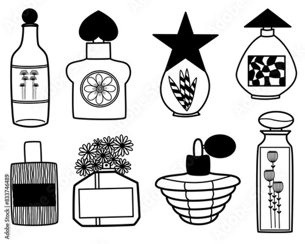 Obraz Hand drawn of perfume bottles doodle set. Vector illustration style.