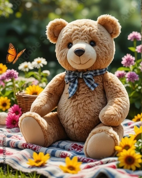 Fototapeta An Adorable Plush Teddy Bear Sitting on a Picnic Blanket in a Sunny Garden, Surrounded by Colorful Flowers and Butterflies