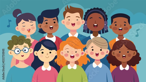 Fototapeta The diversity of voices and backgrounds represented in the childrens choir united by their shared love for music and performance.. Vector illustration