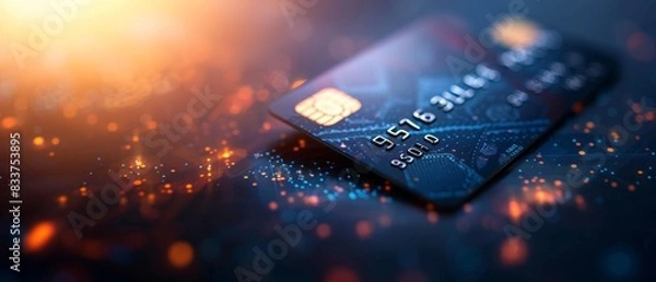 Fototapeta A sleek, modern illustration of a credit card with digital payment icons, no faces, on an isolated background with space for text
