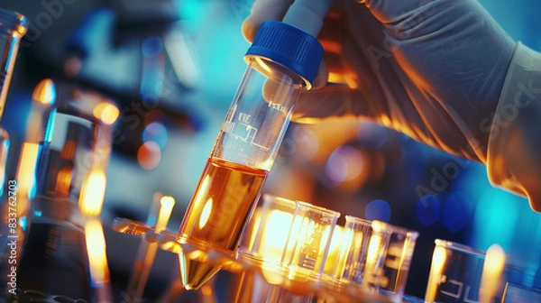 Obraz A laboratory technician holds a test tube with an antivirus in his hand. A scientist conducts an experiment.