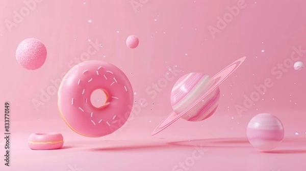 Fototapeta Donuts planet on a pink background. Minimal creative concept. 3d render illustration.