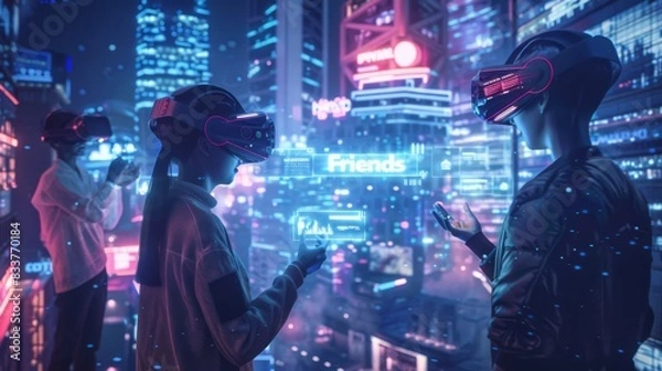 Fototapeta An immersive social media online metaverse platform featuring a young creative female wearing a virtual reality headset at home. Next generation virtual reality platform for immersive social media