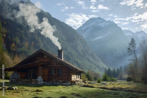 Fototapeta Cozy Mountain Cabin with Smoke Rising from Chimney in Serene Landscape
