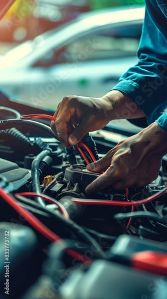 Obraz Expert Mechanic at Work: Close-Up of Hands Connecting Jumper Cables to a Car Battery, a Detailed View of Automotive Maintenance and Repair
