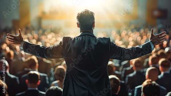 Fototapeta A Business person stands with arm raised, illuminated by dramatic stage lighting